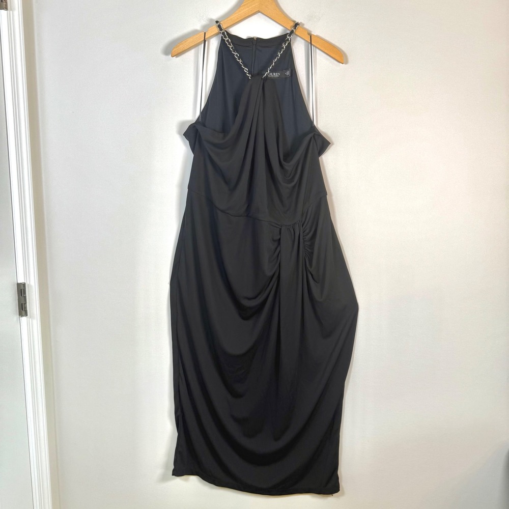 Lauren Ralph Lauren Halter Neck Chain Maxi Dress 18 Black Drape Ruched Elegant